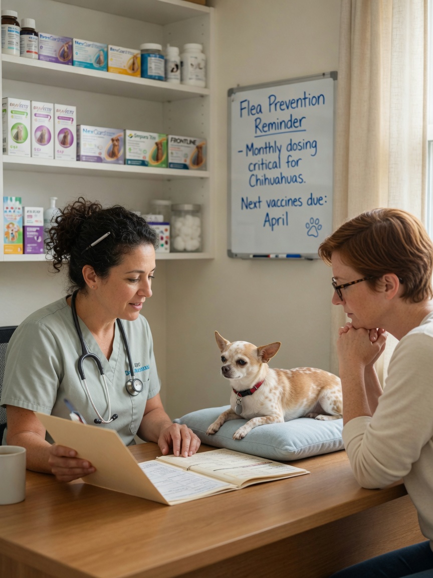 Veterinarian consulting with dog owner about personalized flea and tick treatment options for small breed dog