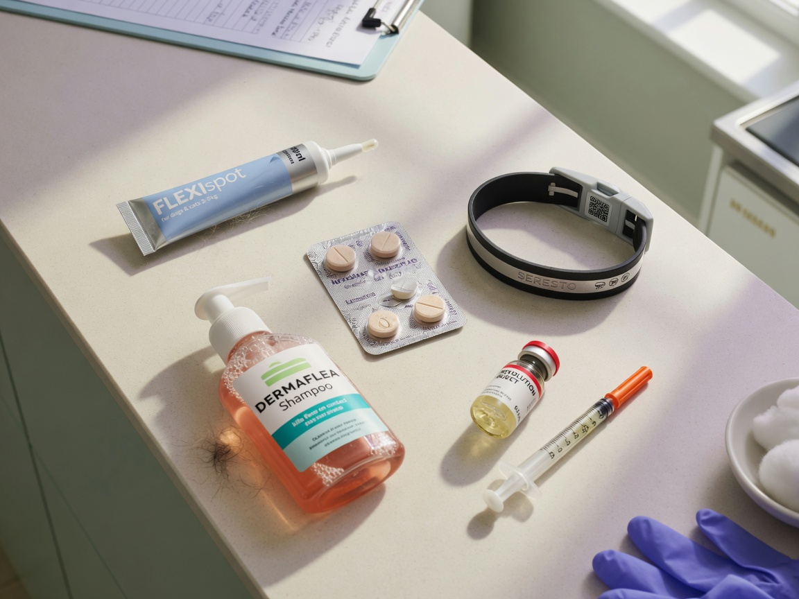 Array of different flea medication types displayed on veterinary clinic counter