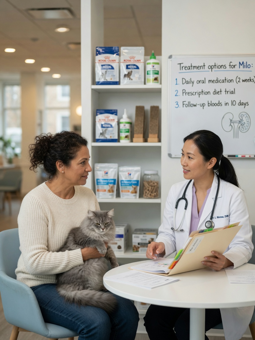 Cat owner consulting with veterinary surgeon about flea medication options in clinic