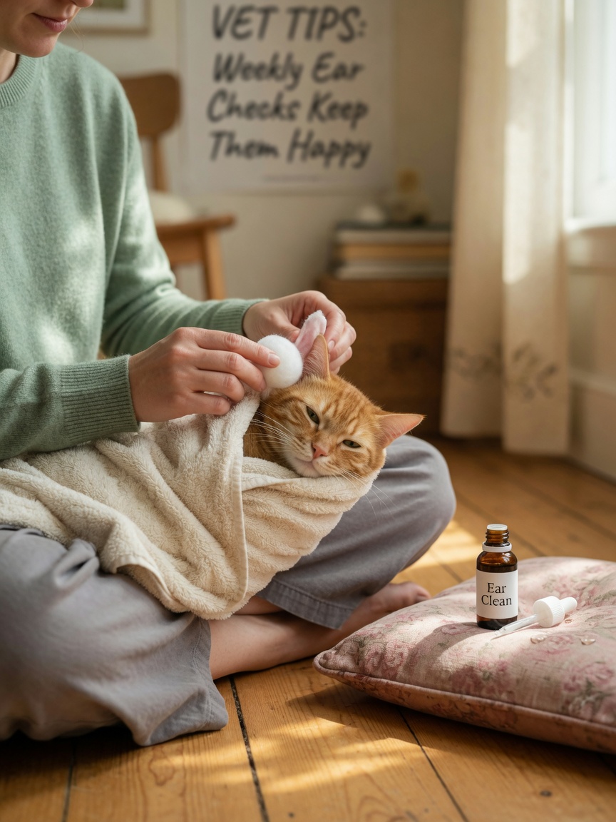 Person cleaning a wrapped cat's ear with a cotton wool ball at home