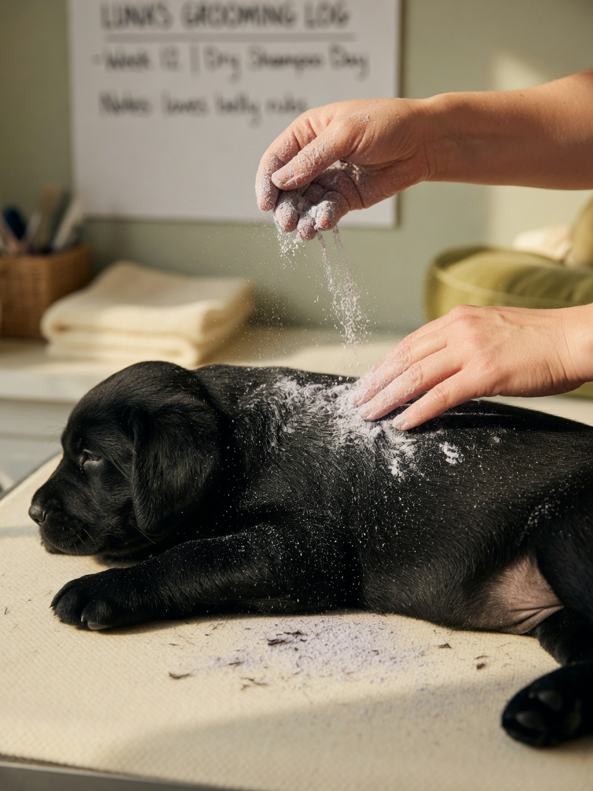 Groomer applying dry shampoo powder to a black Labrador puppy's coat during bath-free grooming