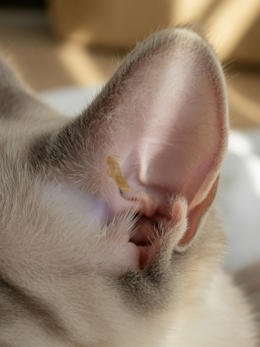Detailed close-up of a healthy cat ear showing light pink tissue and normal wax buildup
