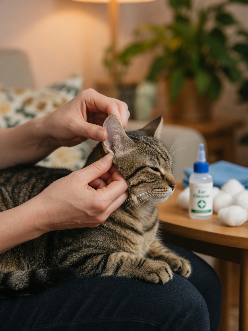 Pet owner gently folding back a cat's ear flap to begin cleaning, with cleaning supplies nearby