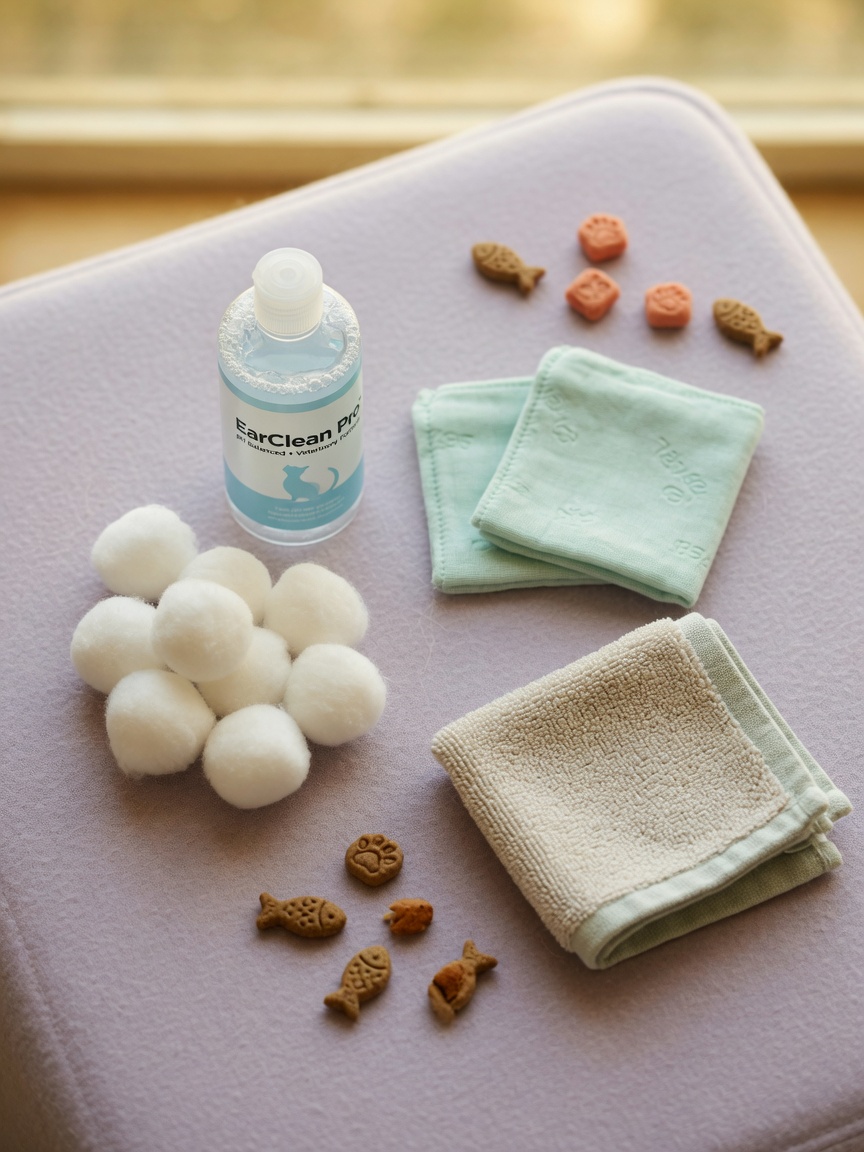 Collection of cat ear cleaning supplies including solution, cotton balls, gauze pads, towel and treats arranged on a mat