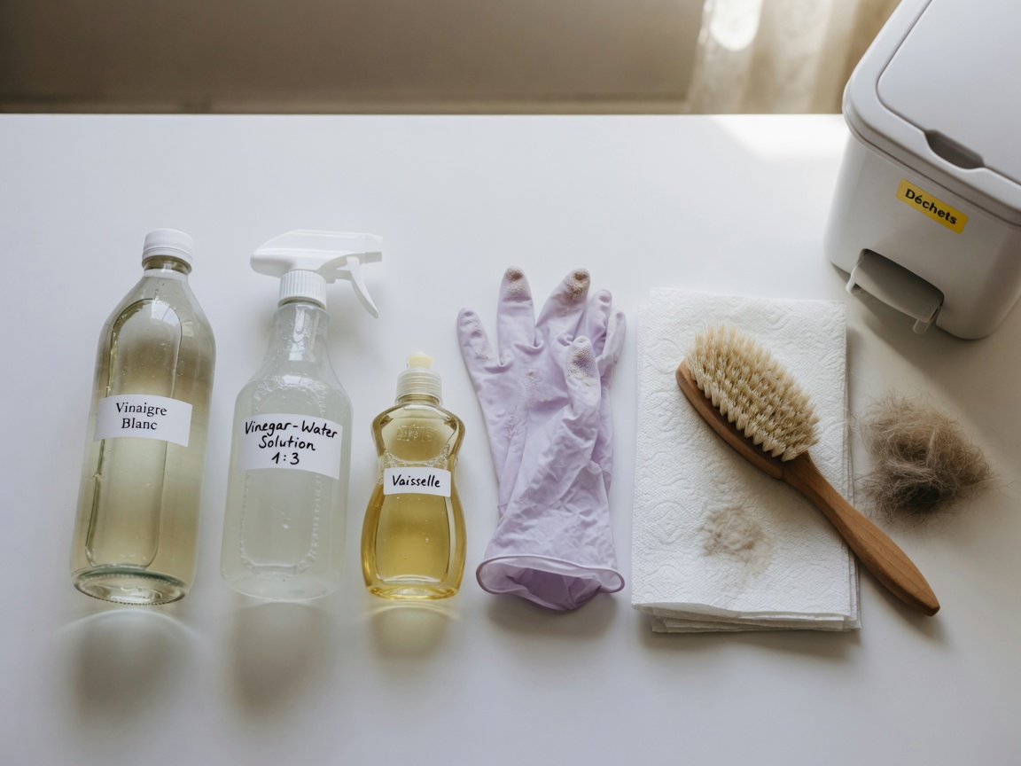 Cleaning supplies laid out for carpet cleanup: vinegar, spray bottle, soap, gloves, brush, and paper towels