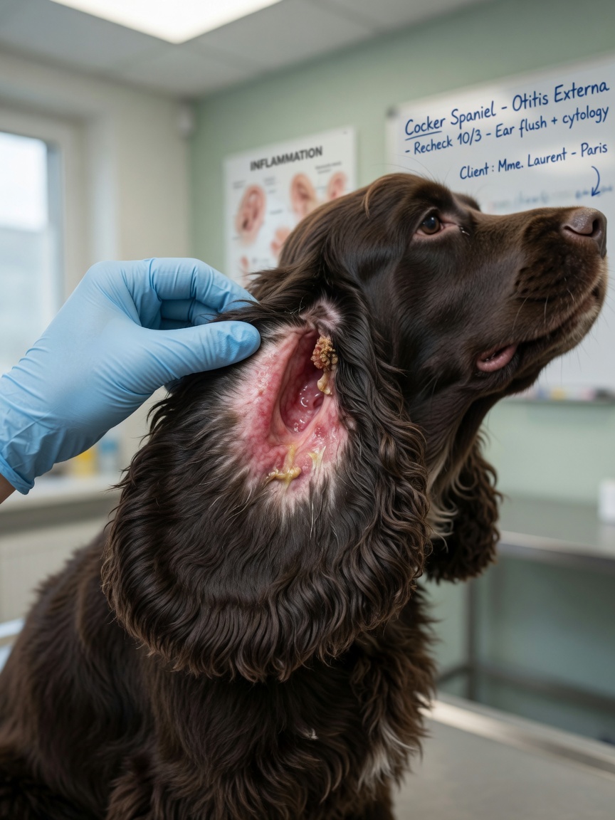 Dierenarts onderzoekt het ontstoken oor van een Cocker Spaniel tijdens een klinisch onderzoek
