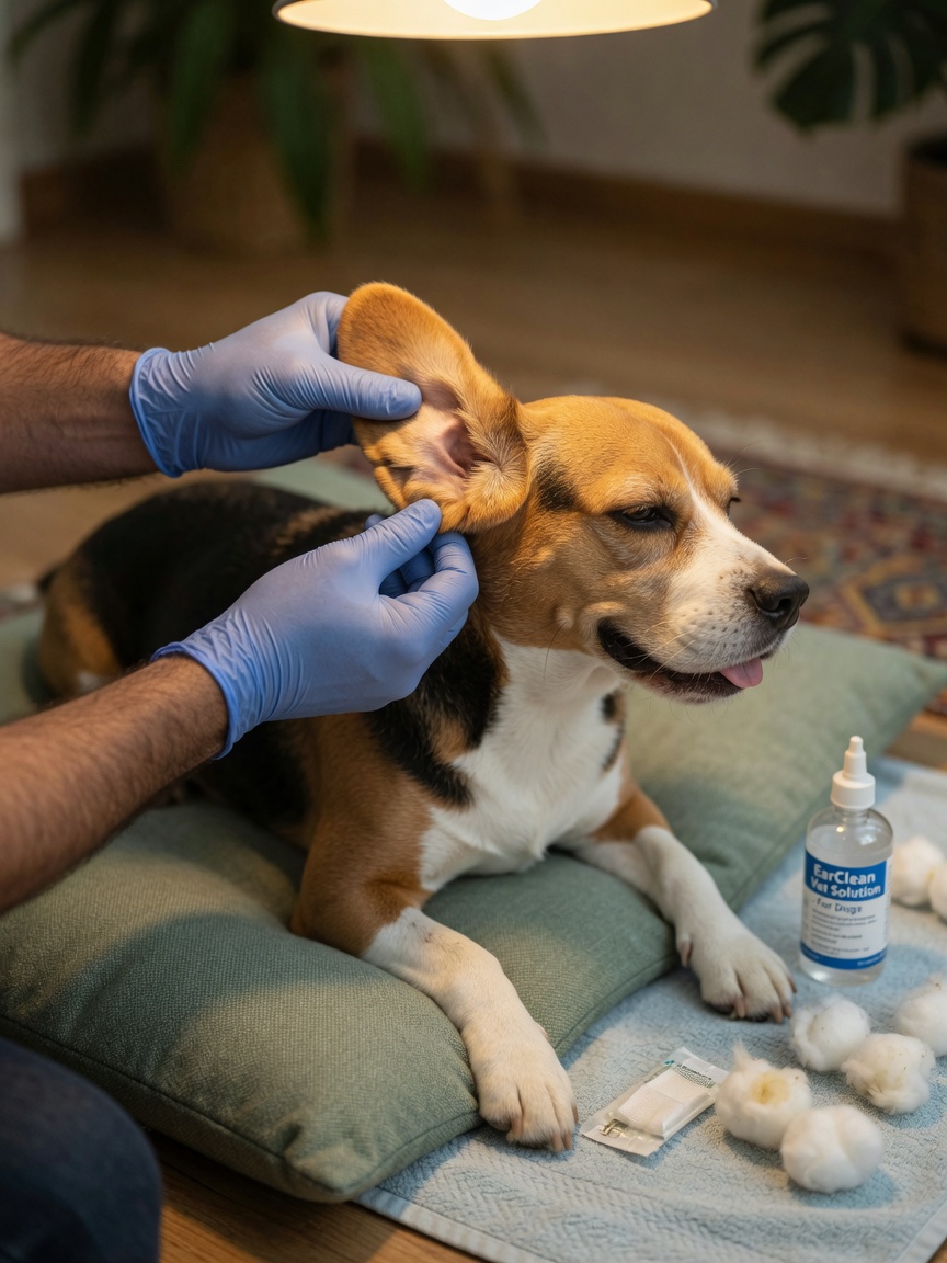 Handen demonstreren juiste oormasseertechniek op een ontspannen Beagle tijdens thuisoorreiniging