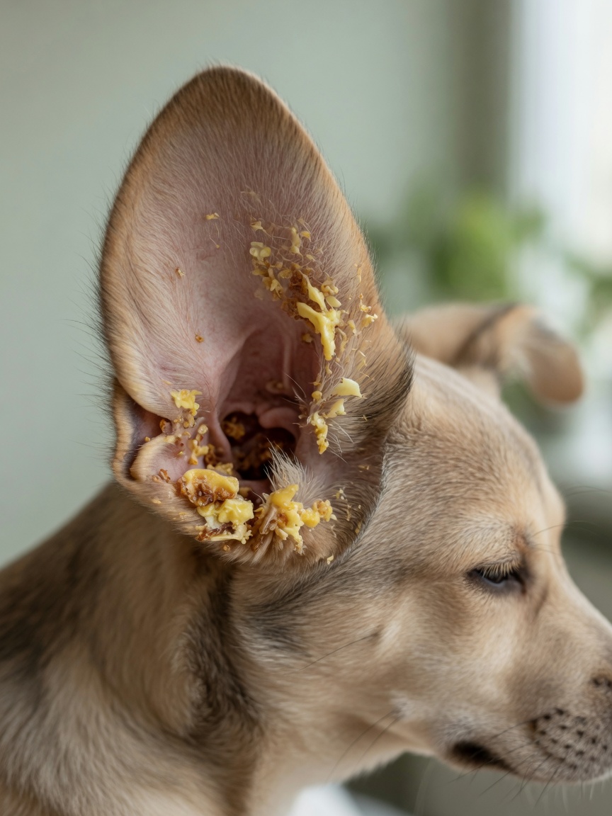 Close-up of a dog's ear showing visible pale yellow waxy buildup and light debris in the outer ear canal