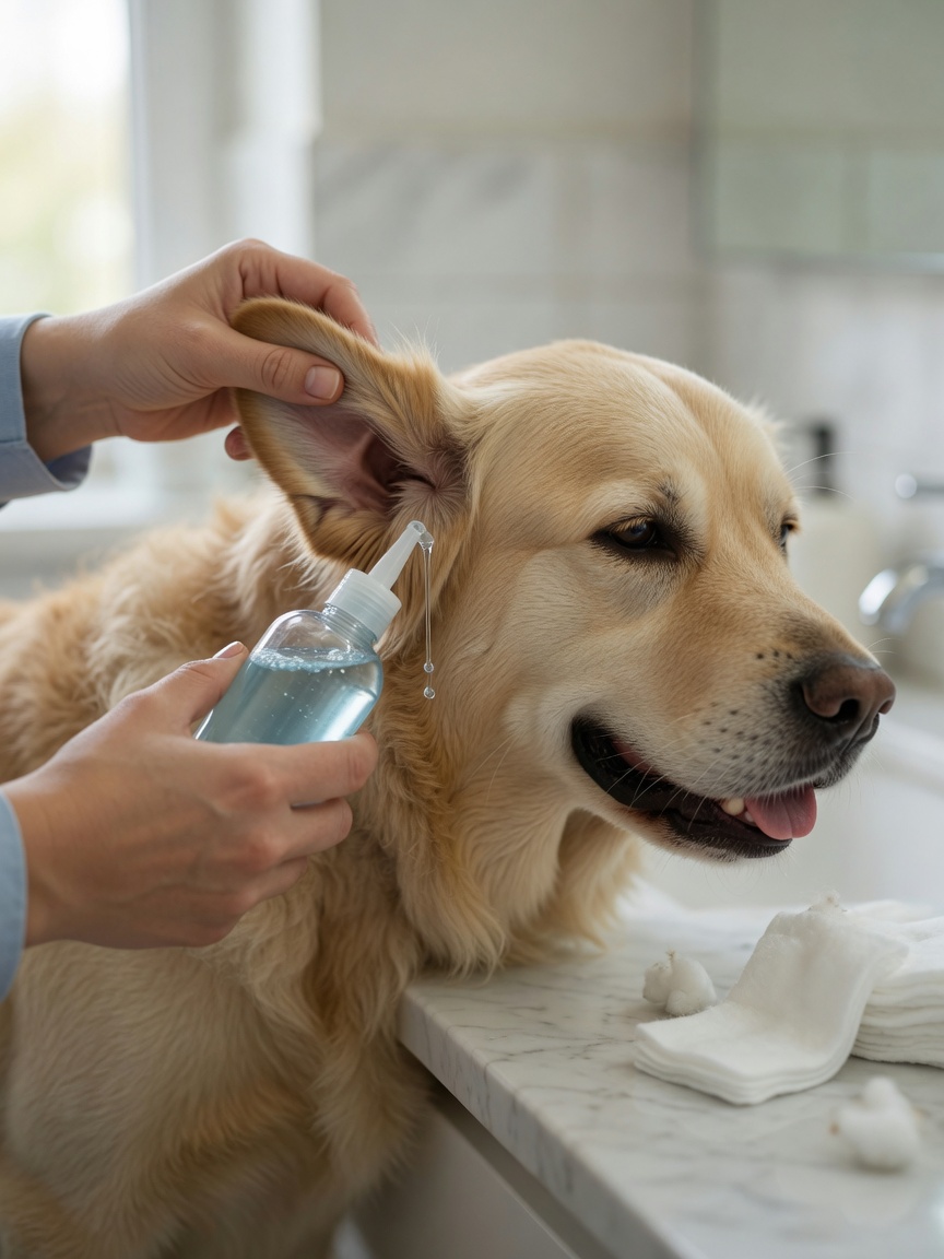 A dog receiving ear cleaning solution being gently applied into the ear canal with the ear flap held upright, cotton pads visible nearby