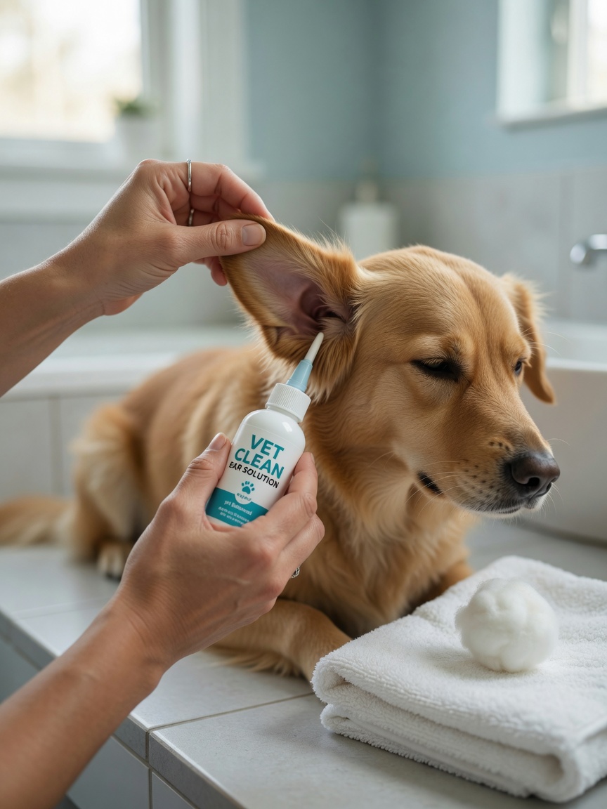 Step-by-step demonstration of applying veterinary ear cleaning solution into a dog's ear canal with proper hand positioning