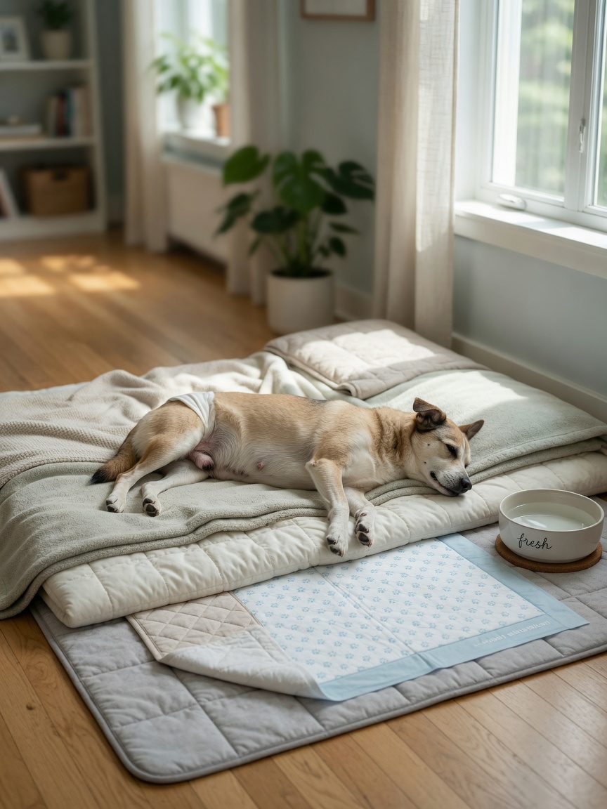 Dog bed with washable blankets, puppy pads, and absorbent mats creating a comfortable heat cycle environment