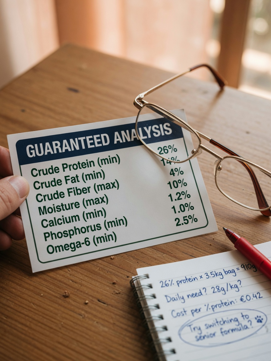 Close-up of dog food label guaranteed analysis panel with calculation notes and reading glasses