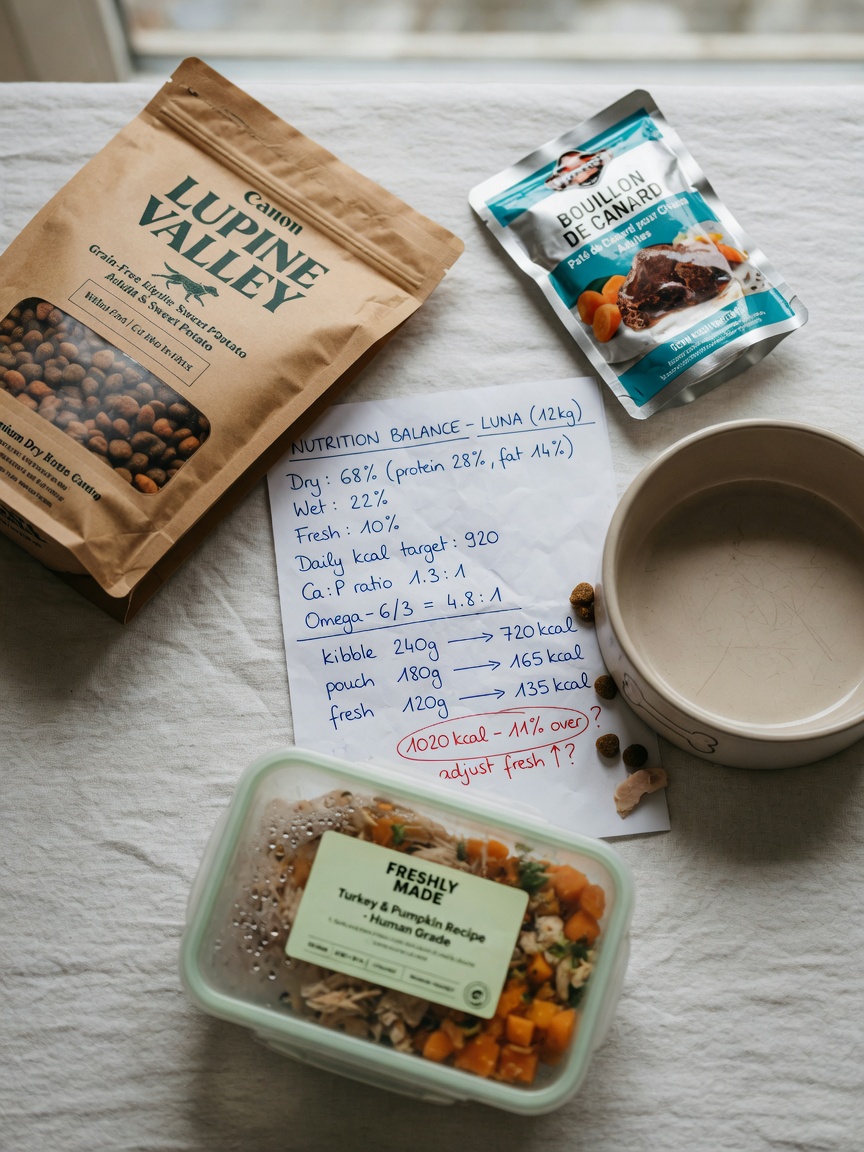 Flat lay of different dog food types with bowl and calculation reference sheet for dry matter comparison