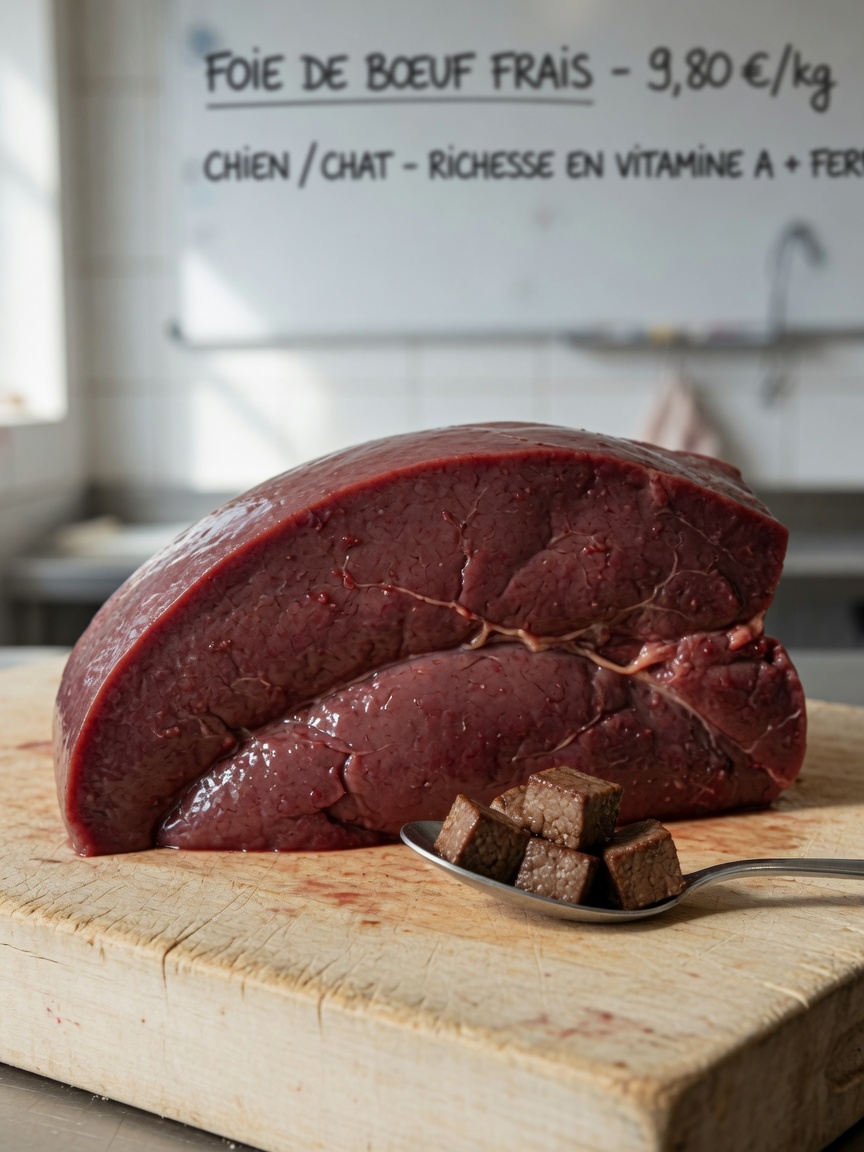 Raw beef liver and a teaspoon of cooked liver cubes displayed on a butcher's block showing nutritional density