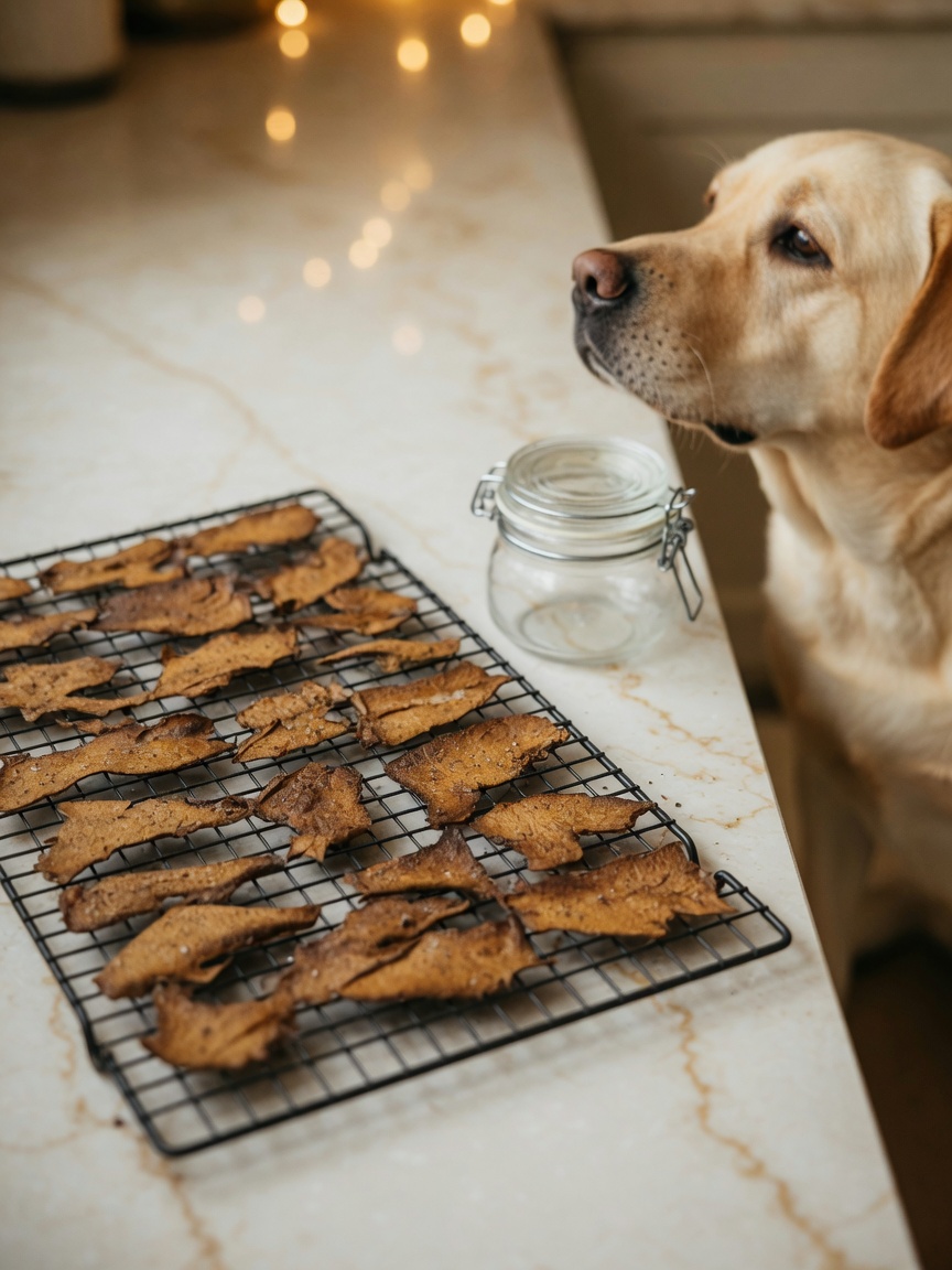 Crispy dehydrated beef liver treats cooling on a rack with storage container and interested dog in background