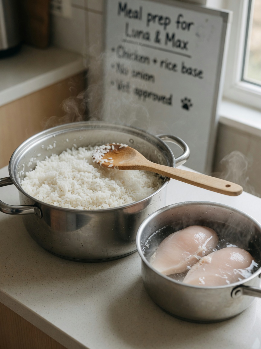 Overhead view of cooking white rice and boiling skinless chicken breasts in separate pots