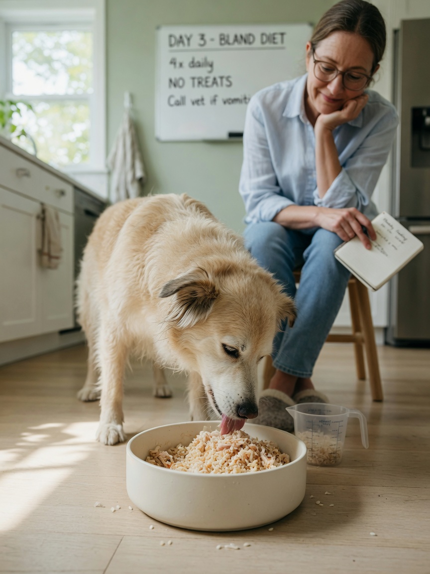 Dog eating measured portion of chicken and rice from a bowl while owner observes feeding