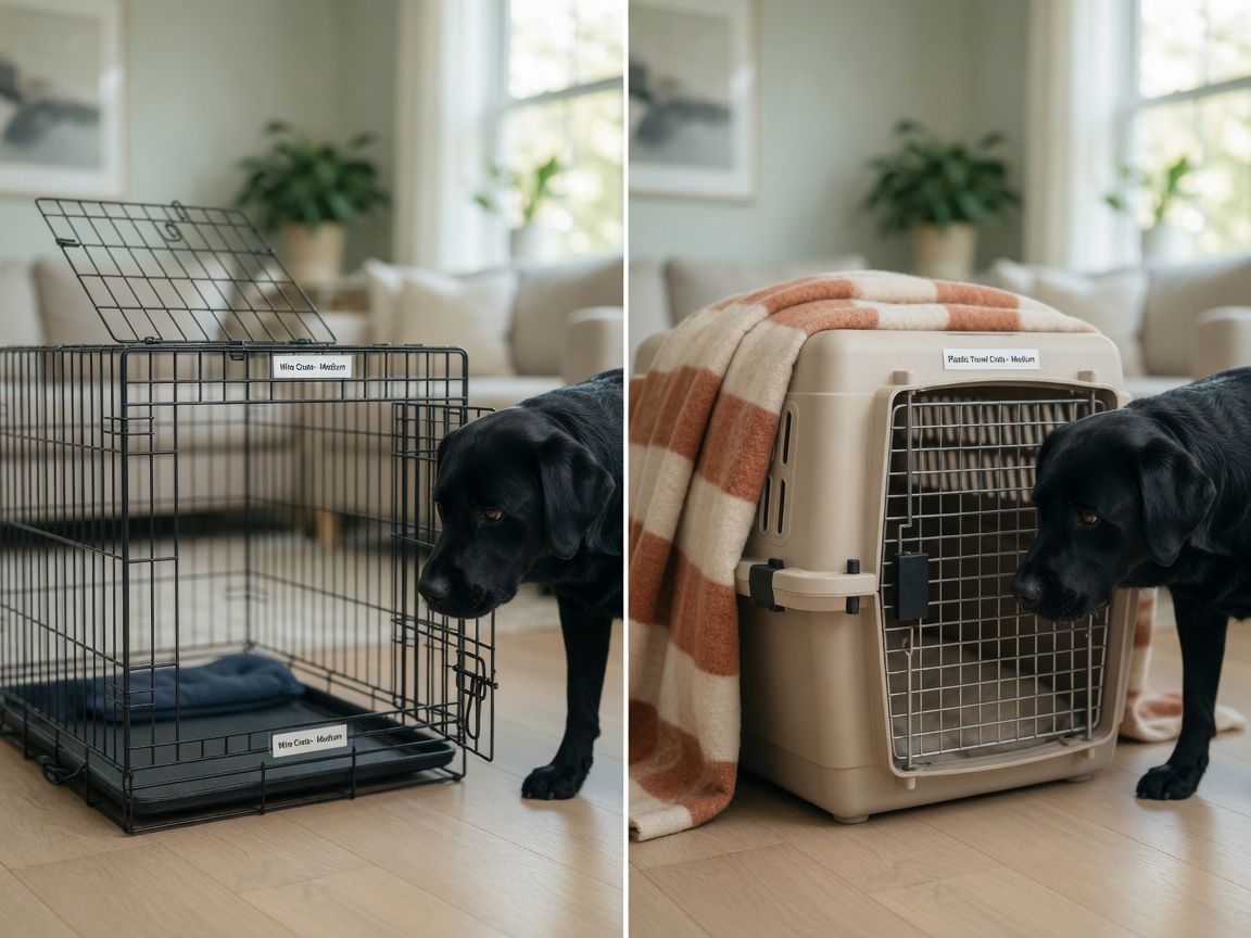 Un Labrador Retriever nero che ispeziona sia una gabbia in filo che una gabbia da viaggio in plastica fianco a fianco, confrontando le opzioni di gabbia per l'addestramento.