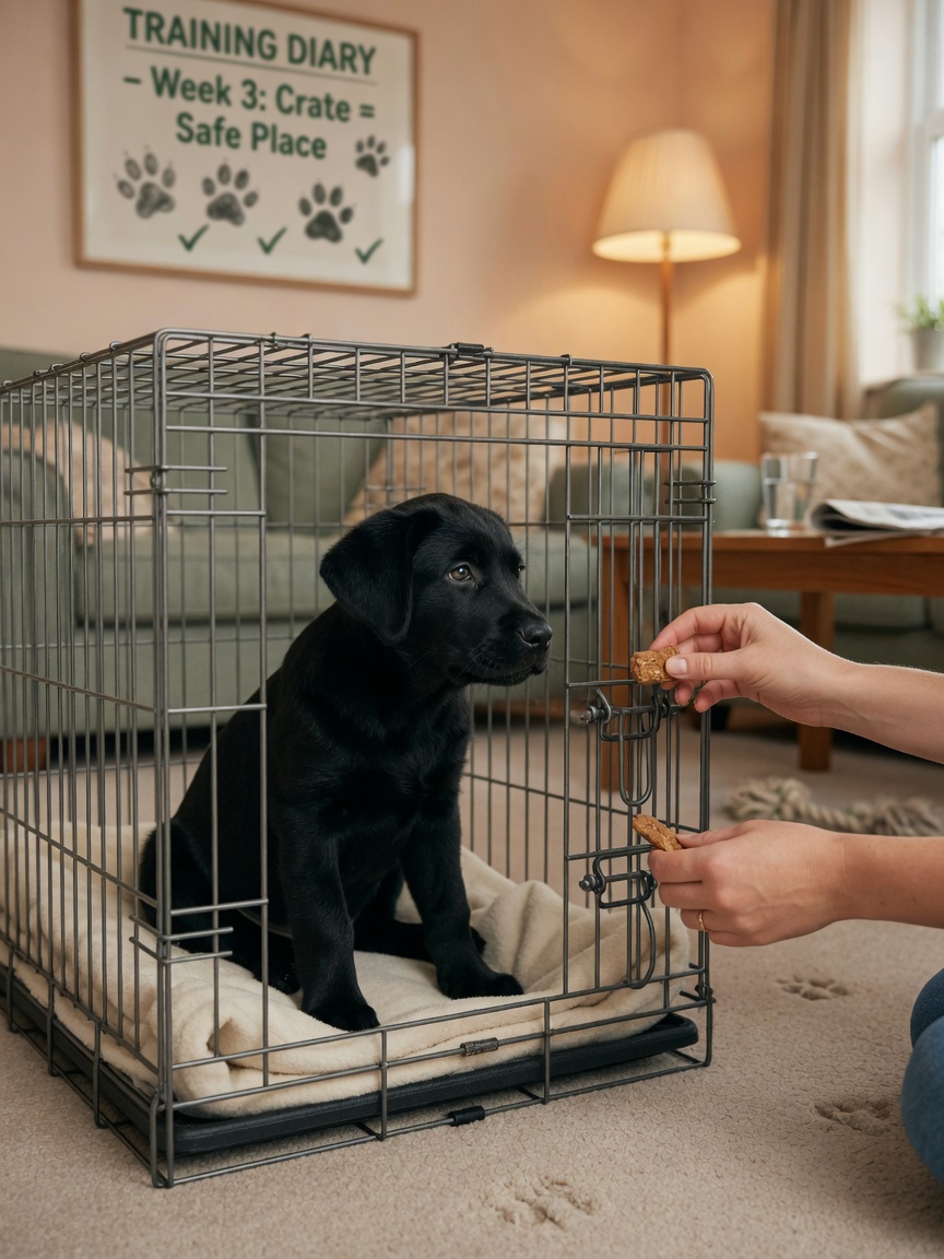 Hand offering treat through crate bars to calm black Labrador puppy during training