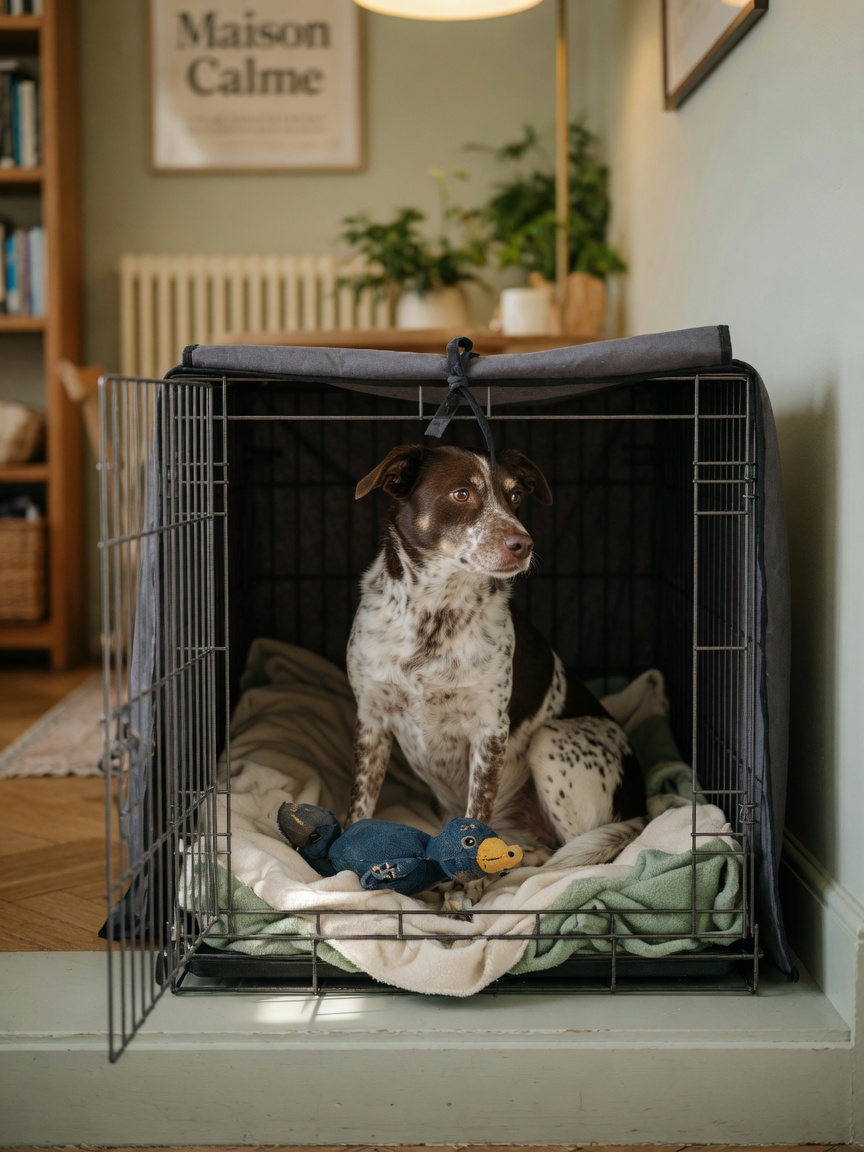 Cane che riposa tranquillamente all'interno di una gabbia metallica coperta con biancheria morbida, che dimostra il comfort simile a una tana di una gabbia correttamente introdotta