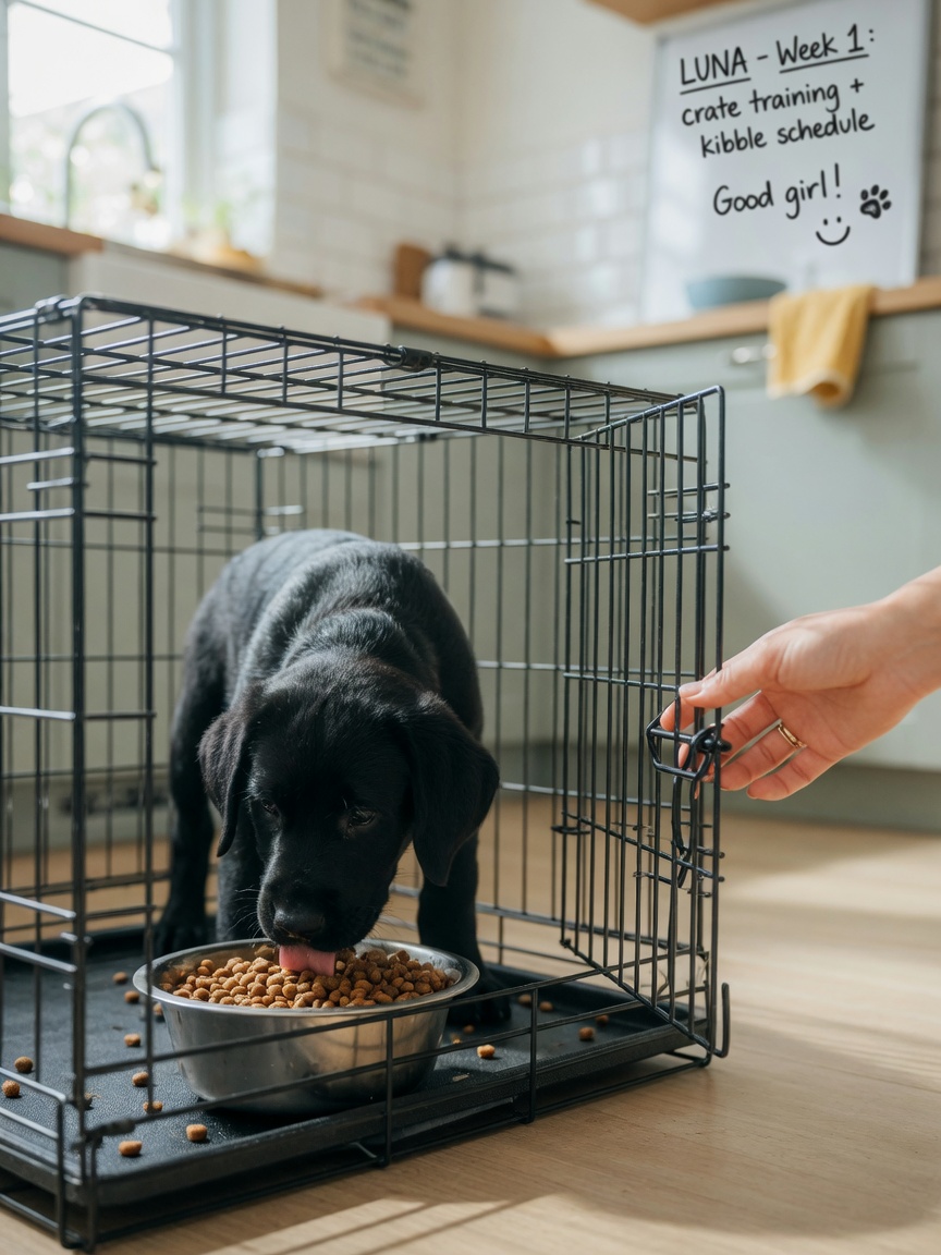 Cucciolo di Labrador nero che mangia da una ciotola all'interno di una gabbia mentre la porta si chiude dolcemente, che dimostra la fase graduale di chiusura della porta dell'educazione alla gabbia