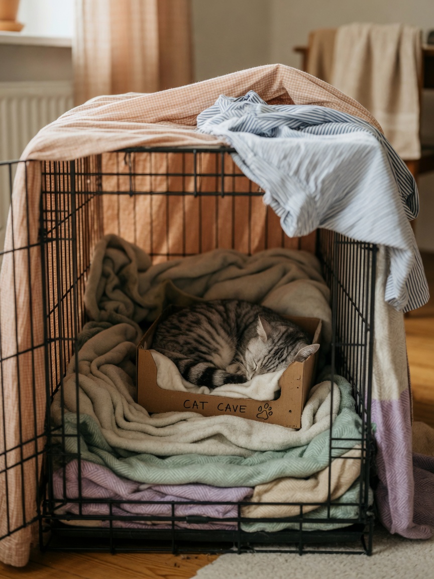 Interior of a wire crate decorated with soft blankets and cloth covering to create a den-like environment