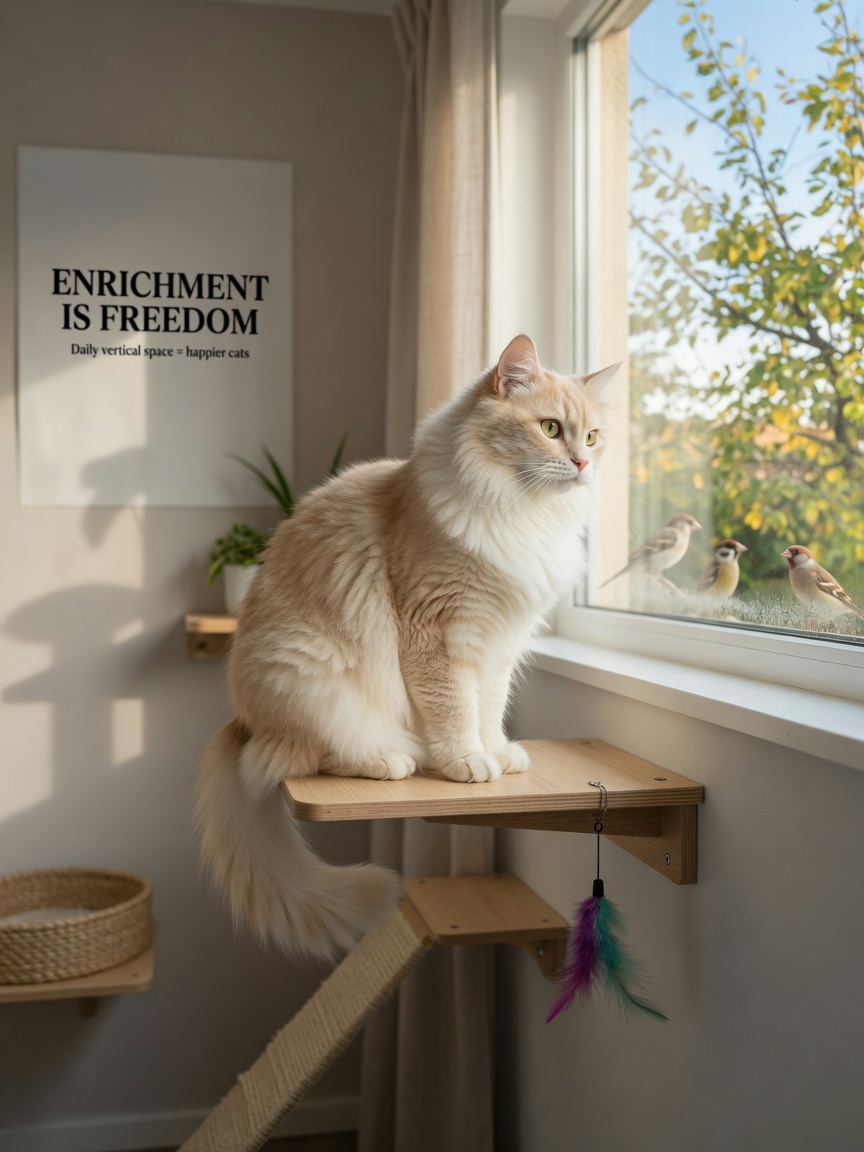 A cream and white cat on a wall-mounted shelf gazing out a sunny window with enrichment toys visible nearby