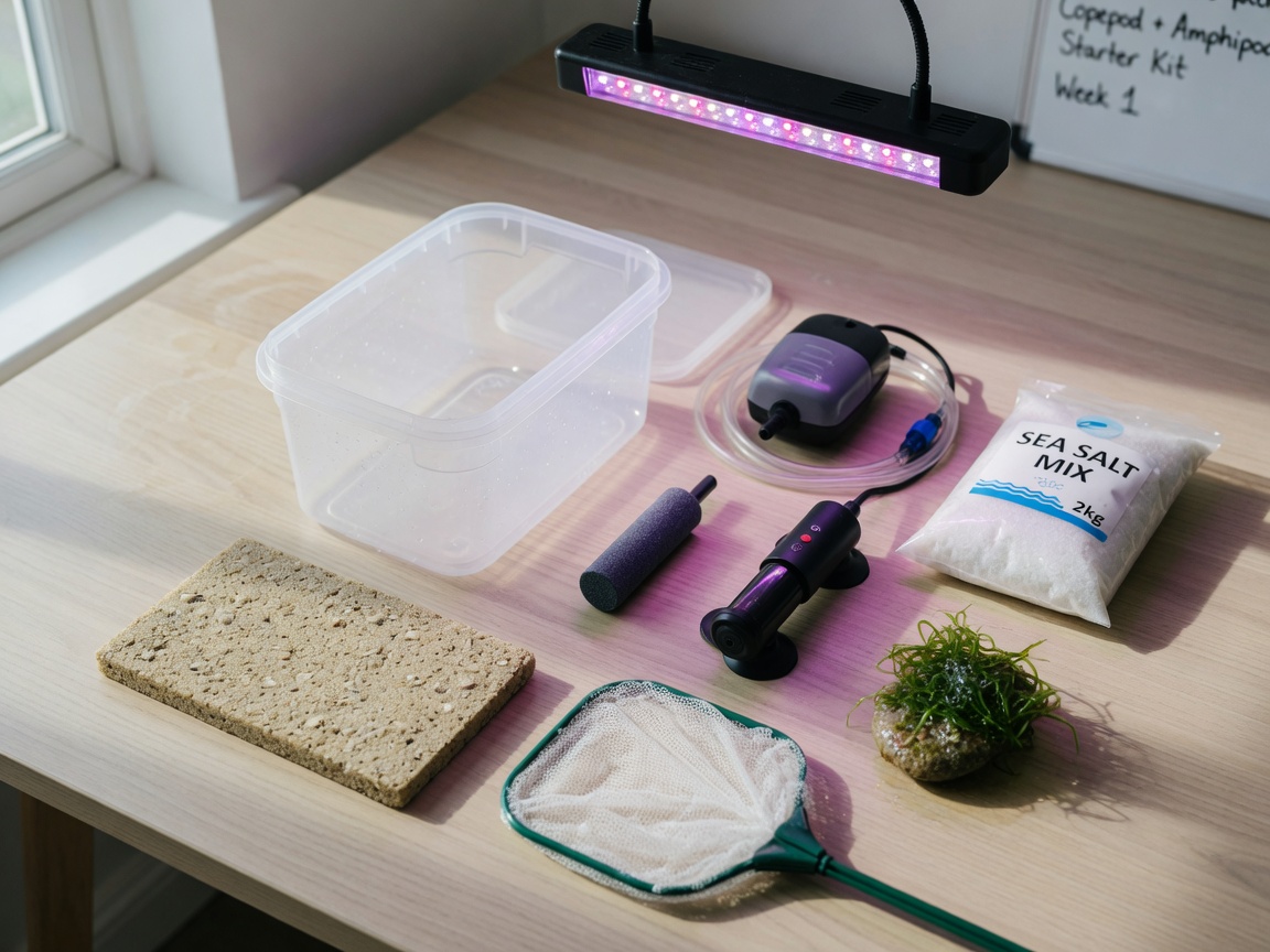 Flächige Anordnung der essentiellen Ausrüstung zur Zucht von Amphipoden und Copepoden, einschließlich Behältern, Luftpumpe, Heizer, Meersalz, feinem Netz und Substratmaterialien auf einem Holztisch.