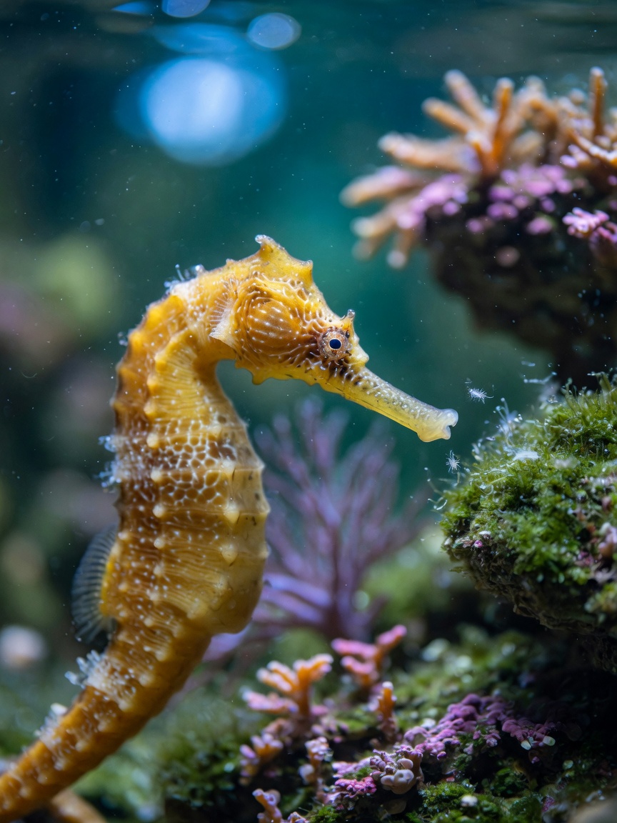 Ein Seepferdchen in einem Aquariumtank mit natürlichem Fressverhalten, das zeigt, wie Fische von Zuchtbehältern geerntete Amphipoden und Copepoden konsumieren.