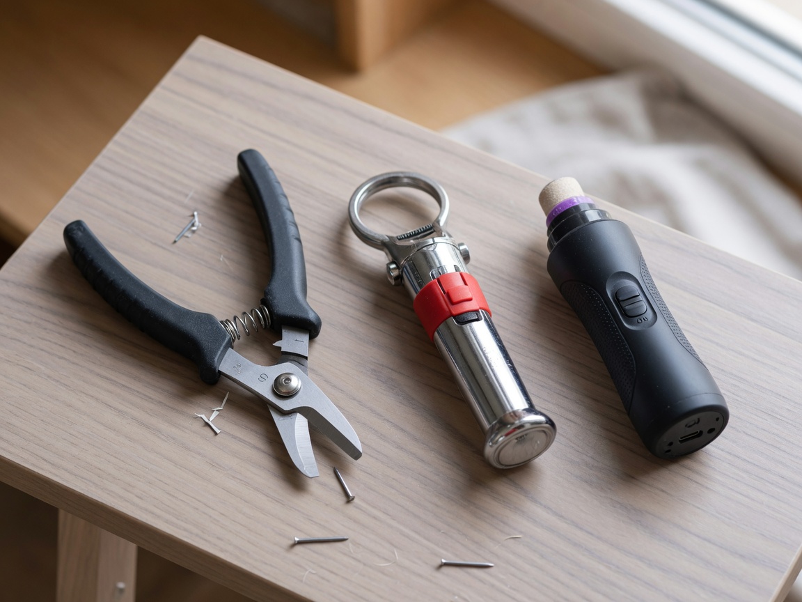 Three dog nail clippers displayed on wooden surface: scissor-style, guillotine-style, and electric grinder tool