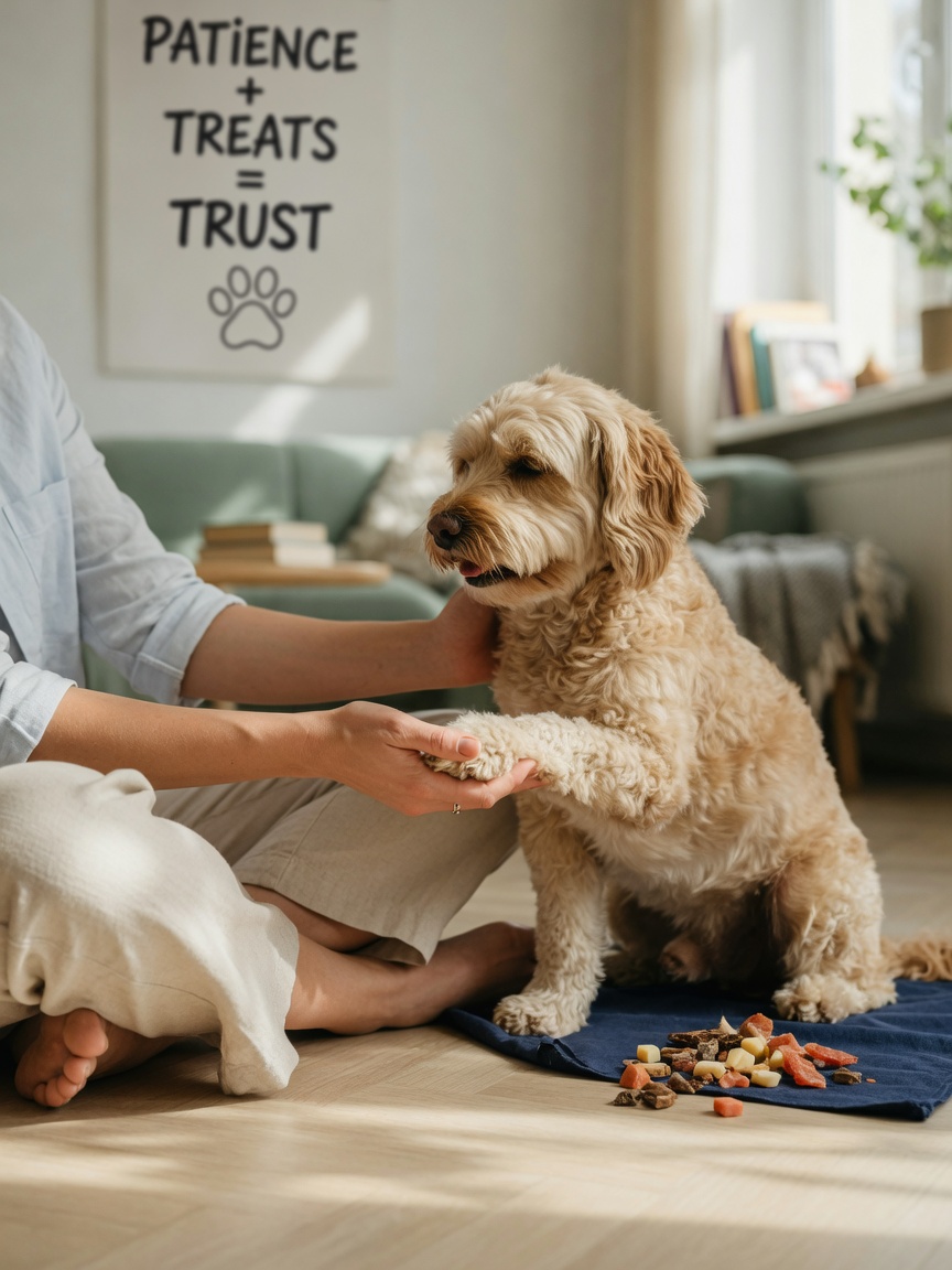 Dog sitting between owner's legs being gently desensitized to paw handling, with training treats nearby demonstrating positive reinforcement