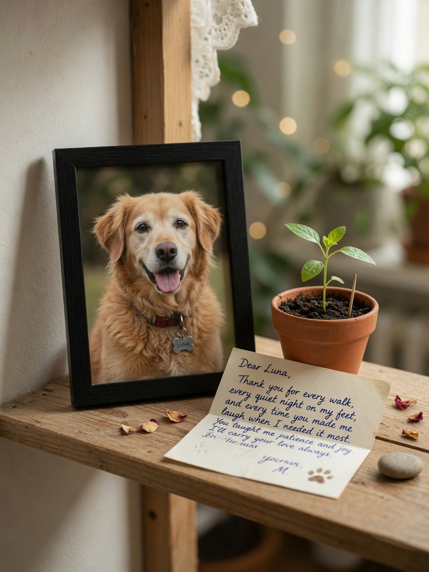 A pet memorial display with a framed photograph, small plant, and handwritten letter on a shelf, representing meaningful ways to honour a lost pet's memory.
