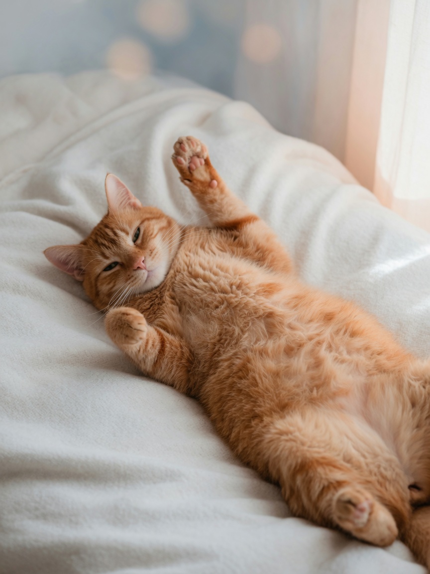 Orange tabby cat in relaxed belly-up position showing extreme trust and contentment