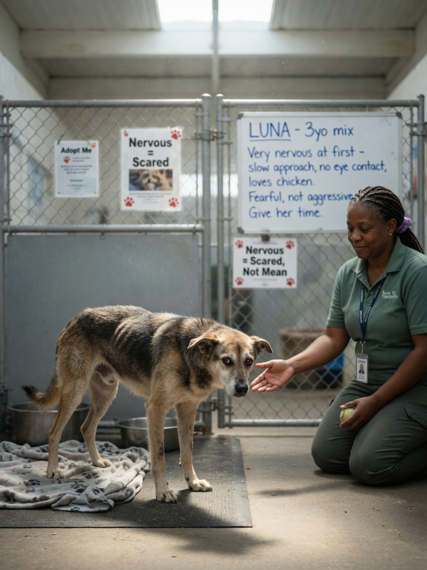 Nervous rescue dog with pulled-back ears showing fear-based behaviour while shelter worker demonstrates calm, patient reassurance