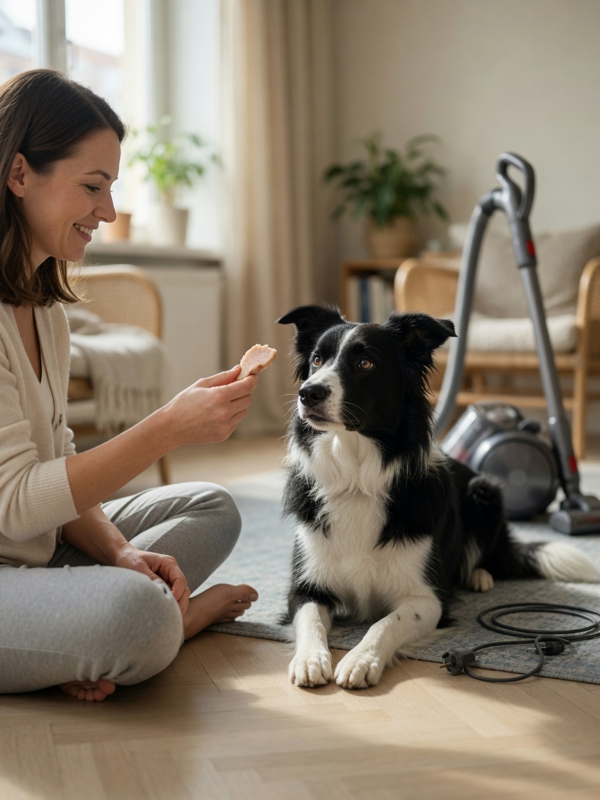 Owner rewarding calm border collie with treat near unplugged vacuum cleaner during desensitization training