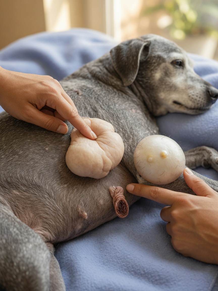 Senior dog's skin showing various benign lumps with a veterinarian's hand pointing out their characteristics