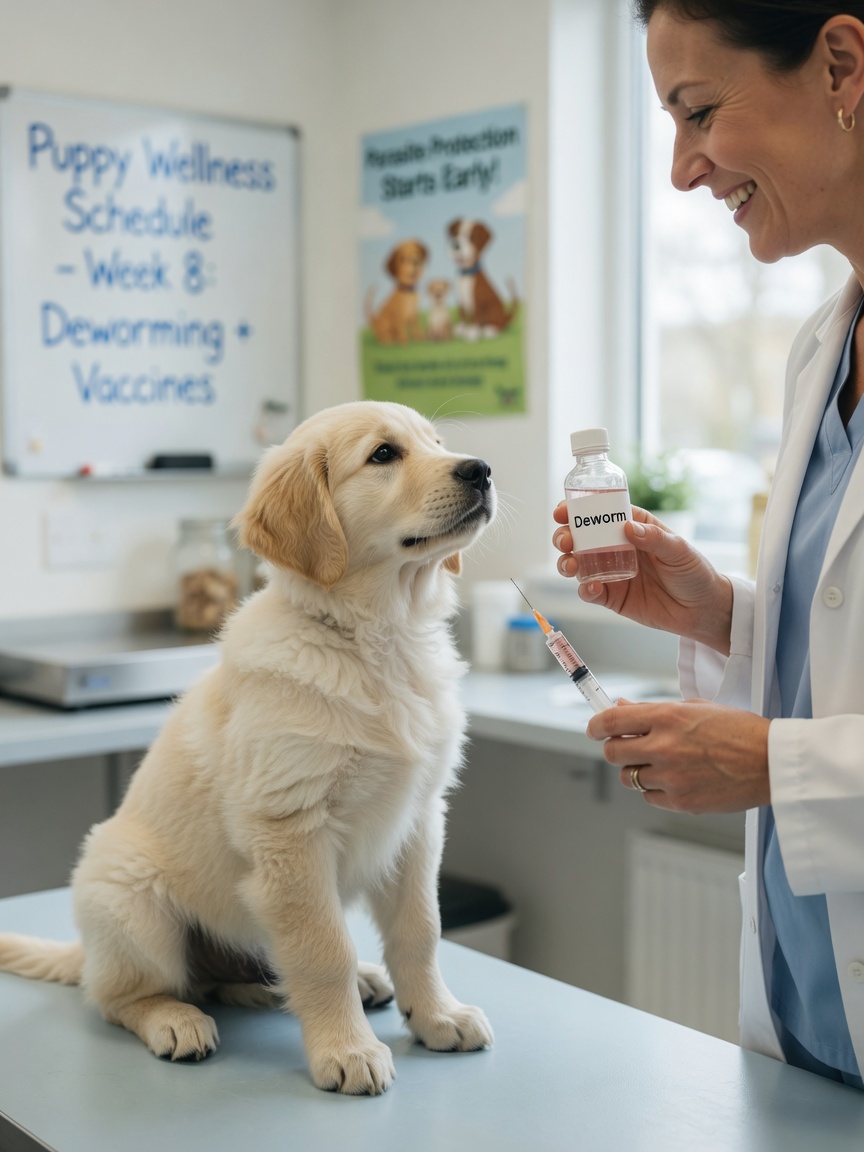 Veterinarian presenting deworming medication options to a puppy during a clinic consultation