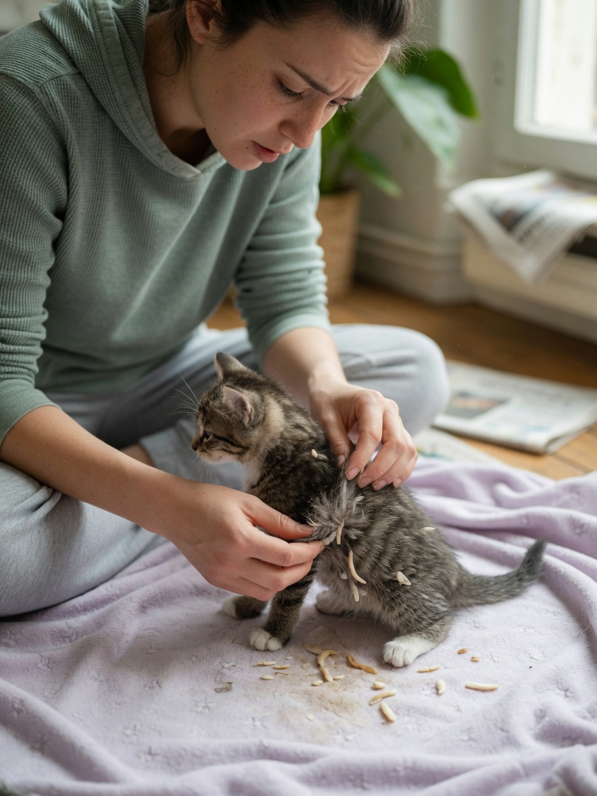 Cat owner gently examining a kitten's bottom for signs of worm infestation in natural home lighting