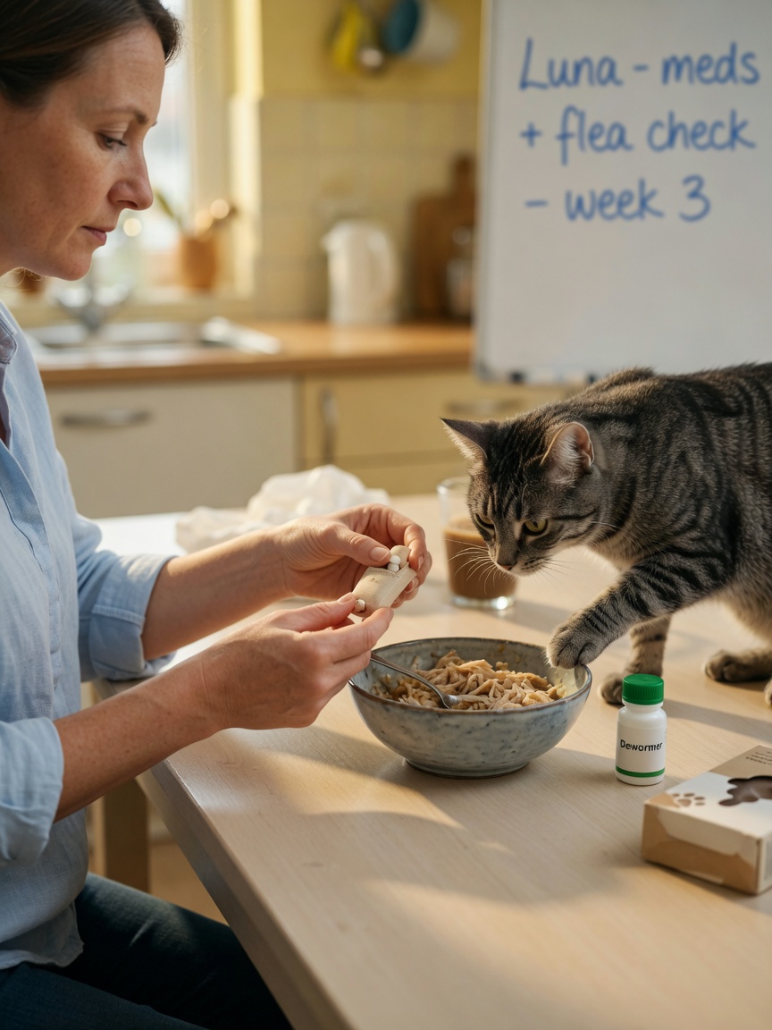 Cat owner administering deworming tablet hidden in wet food to a gray tabby cat at home