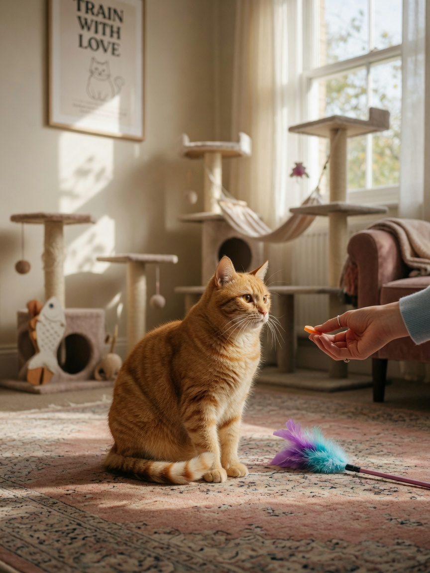 Ginger cat receiving a treat from owner's hand during positive reinforcement training, showing trust and attentive behaviour in a home environment