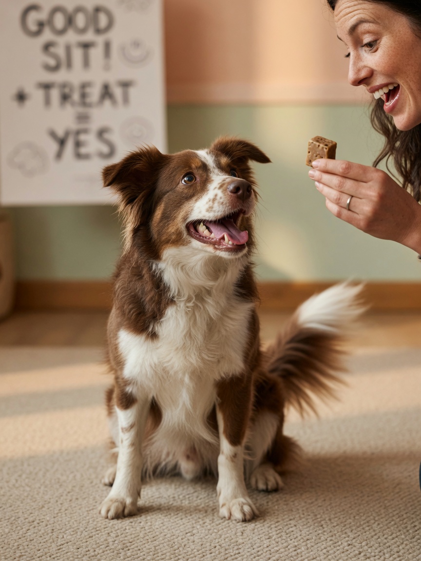 Dog receiving treat and praise reward during positive reinforcement training session