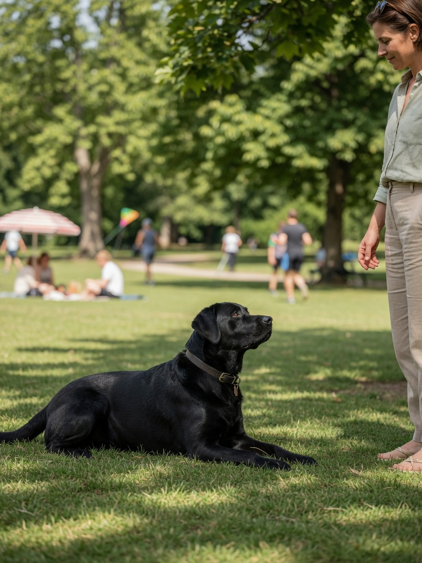 Black Labrador holding stay command at distance in park with distractions during advanced training