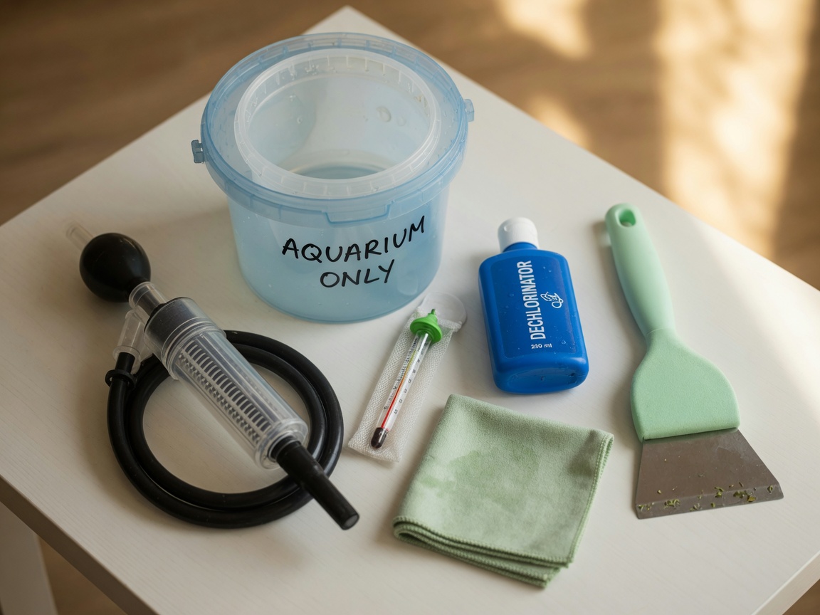 Angeordnete Aquariumpflegenwerkzeuge einschließlich Siphon, Eimer, Thermometer, Dechlorinator, Tuch und Algenschaber auf weißer Oberfläche