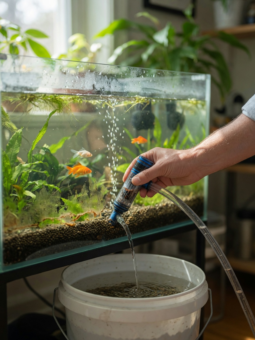 Person, die einen Bodensaugersiphon verwendet, um Wasser zu entfernen und das Substrat in einem Aquarium mit Goldfischen zu reinigen
