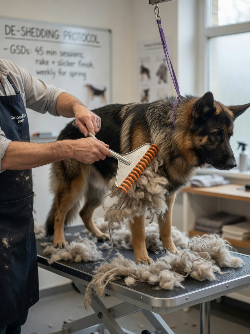 Professional groomer using undercoat rake on a double-coated German Shepherd to remove loose fur during de-shedding treatment