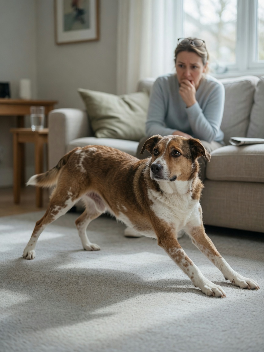 Dog scooting across carpet due to anal gland discomfort while owner watches with concern