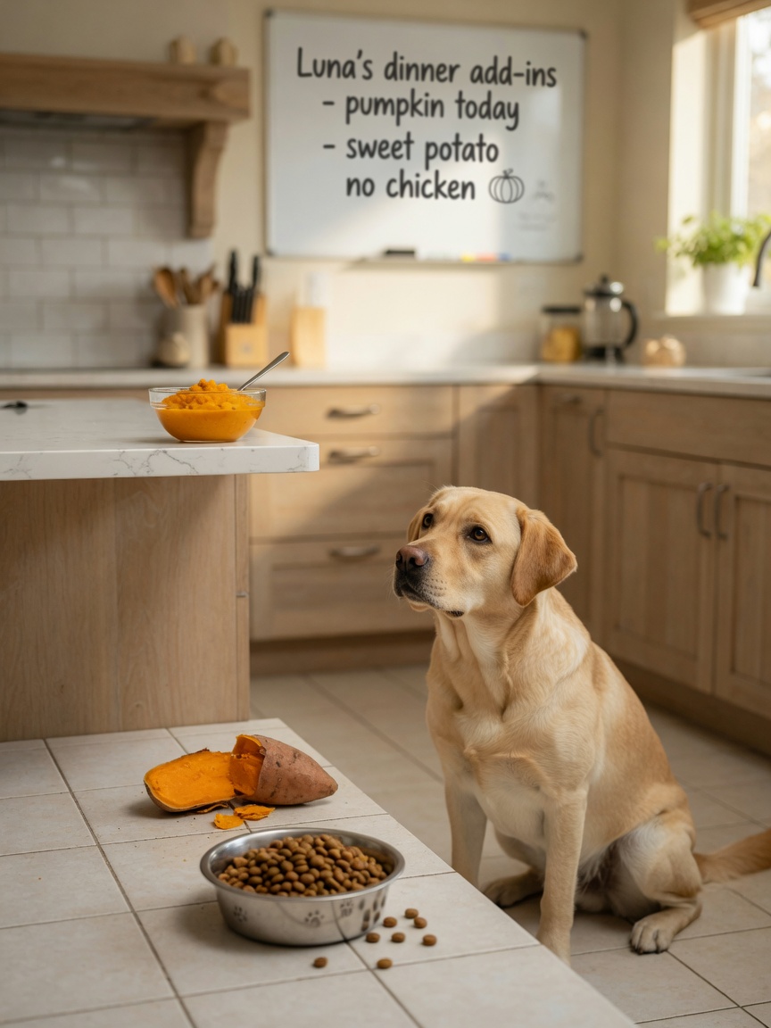Dog with fiber-rich food additions including pumpkin and sweet potato to support anal gland health