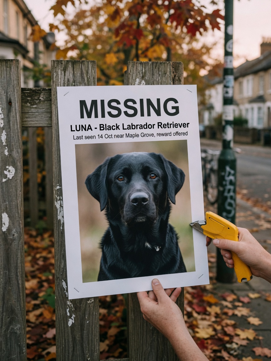 Haustierbesitzer hängt einen gedruckten Hundevermisst-Zettel an einen Laternenpfahl in der Nachbarschaft auf, der ein klares Foto eines schwarzen Labradors zeigt