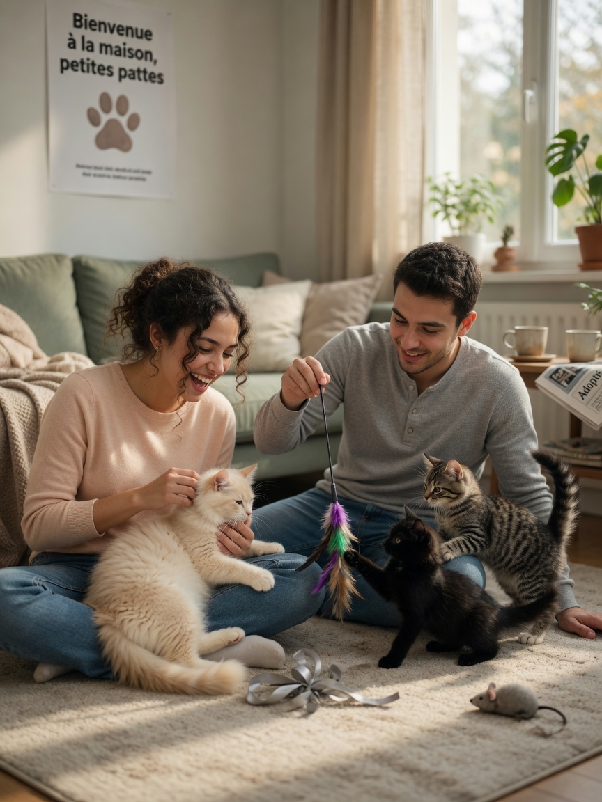 A couple gently playing with kittens on the floor, demonstrating caring interaction during an adoption meeting
