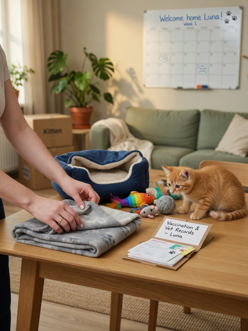 Woman arranging kitten starter pack items including bedding, toys, and records as an orange tabby watches curiously